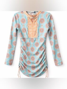 Cabana Life Turquoise and Orange Long-Sleeve Ruched Swim Coverup